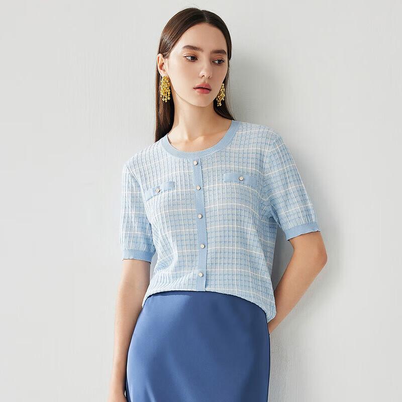 Zhaojun Women's Mulberry Silk Plaid Knit Short Sleeve Top