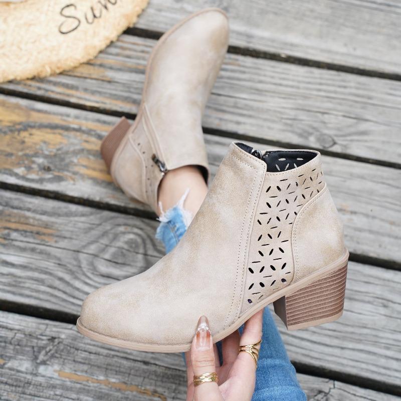 Wish women's shoes new thick heel large size hollow women's boots Martin boots middle heel side zipper short boots women