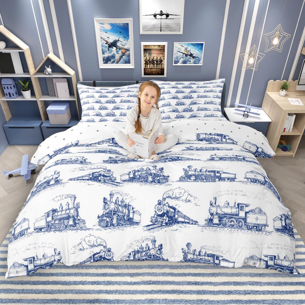 Homewish Cartoon Aircraft Train Duvet Cover Set for Children 2pcs/3pcs, Airplane Steam Engine Bedding, Transportation Bed Set