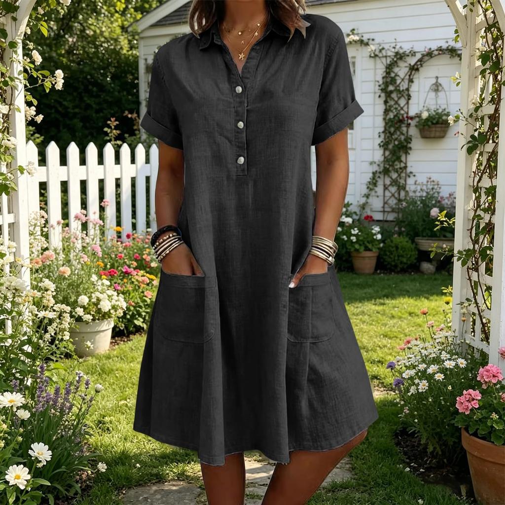 Women Casual Loose Fit Short Sleeve Dress with Lapel Collar Button Front and Pockets Comfortable Summer Dress