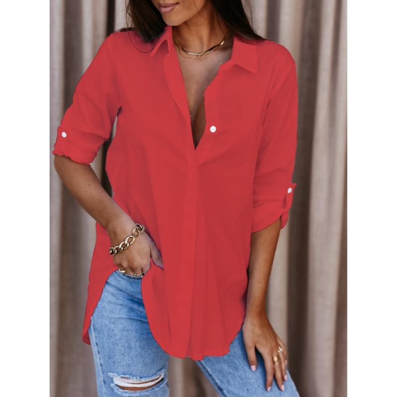 Autumn minimalist long sleeved V-neck button down women's shirt Blouses & Shirts