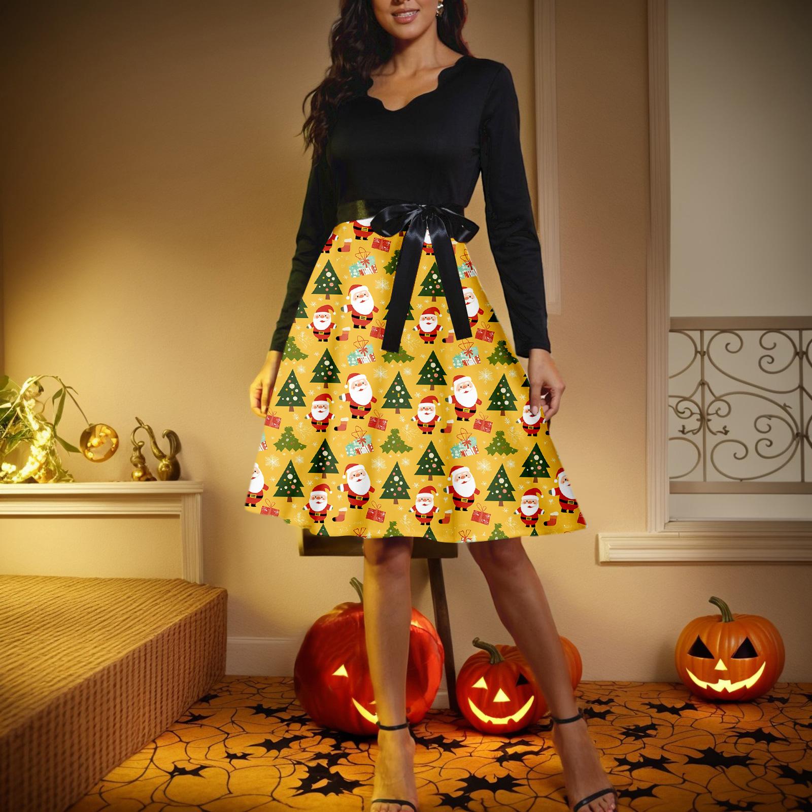 

Женское повседневное модное платье с V-образным вырезом и длинными рукавами в стиле ретро с рождественским принтом XL жёлтый