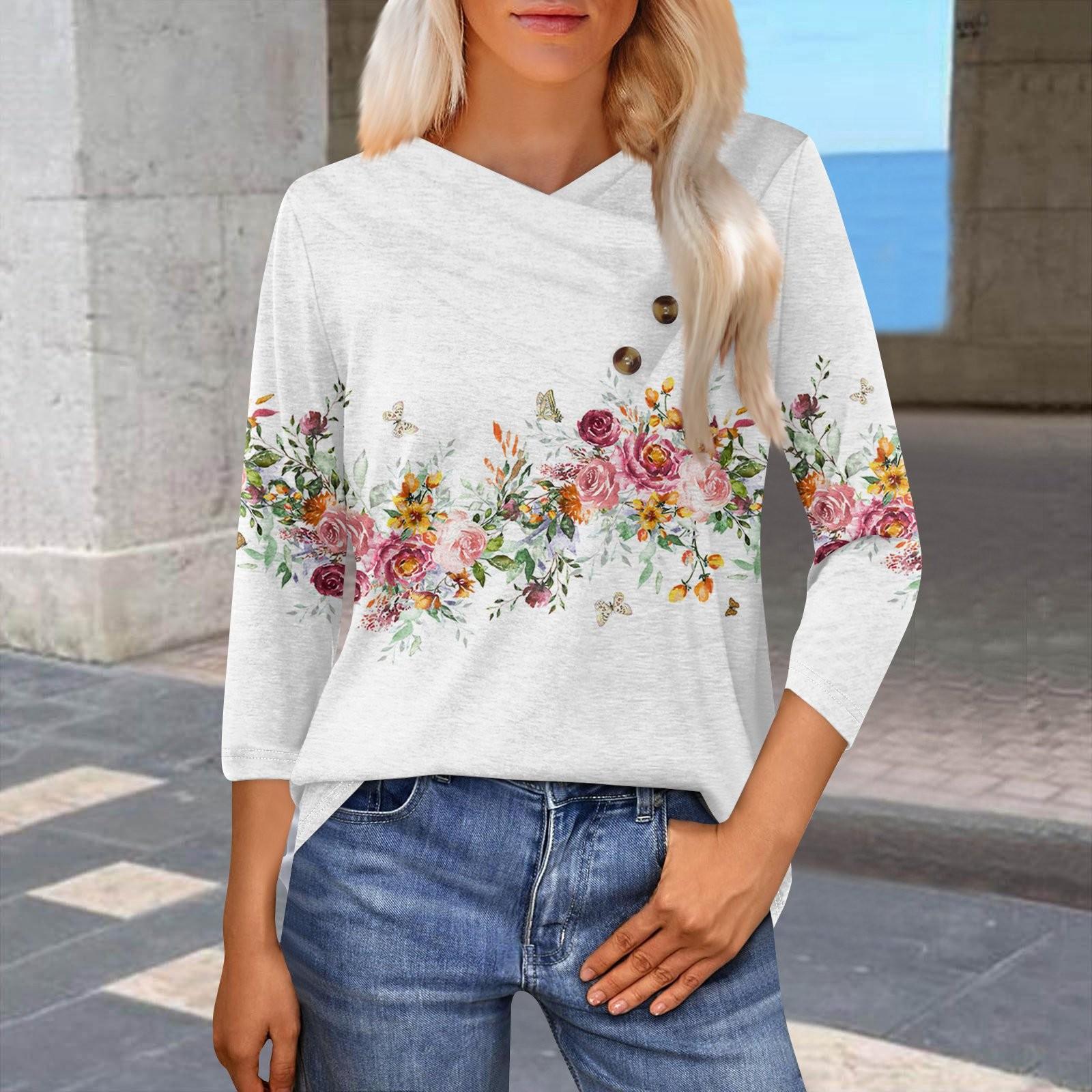 

Женская модная повседневная футболка с цветочным принтом, рукавами-семью, V-образным вырезом и застежкой на пуговицы XL арбуз красный