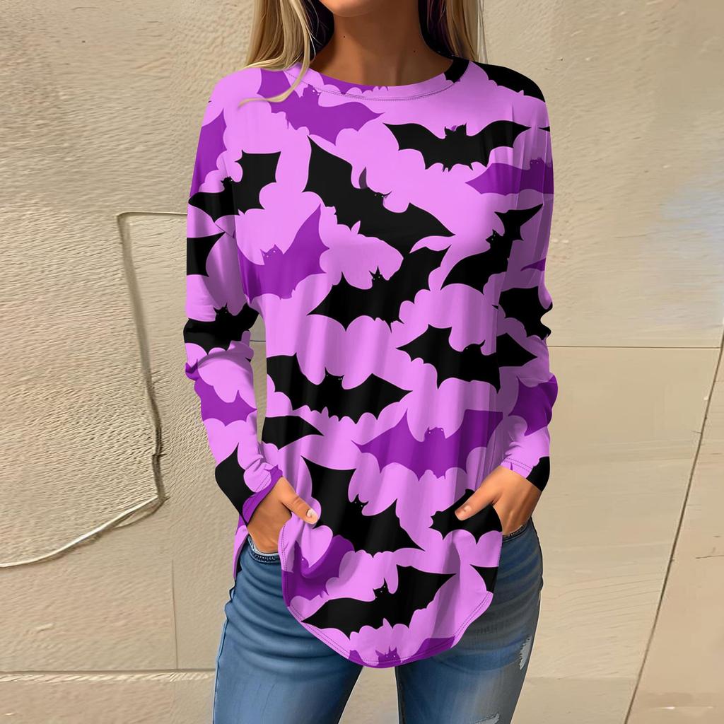 Moda para Mujer Suelto Cuello Redondo Halloween Estampado Manga Larga Camiseta Top Jersey