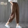 Women's Summer Washed Cotton Cropped Harem Pants, Solid Color, Loose Fit, Elastic Waist, Slimming, Versatile Style