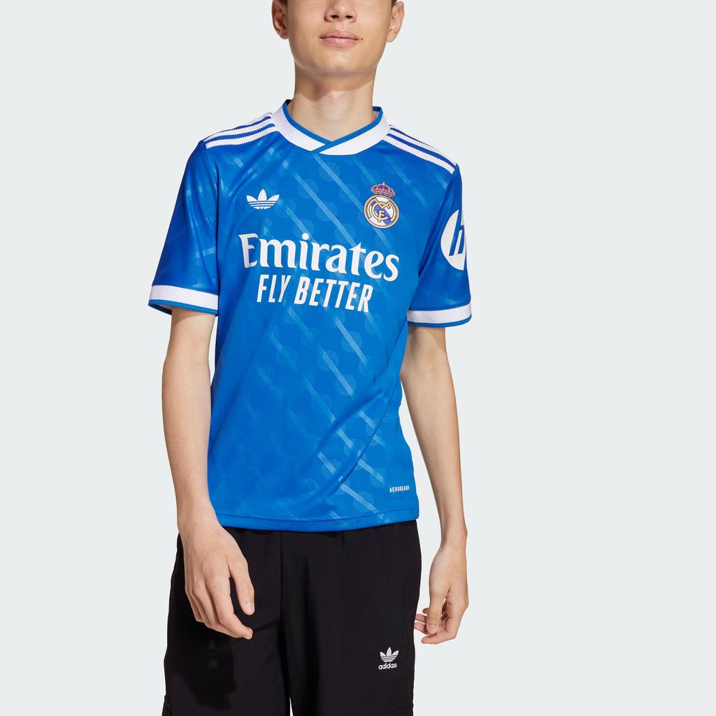 adidas Originals Schnelltrocknendes T-Shirt Real Madrid Zweites Auswärtstrikot Marke Logo Buchstabe Streifen Fußball Sport Kurzarm Kinder Oberteile JP3930