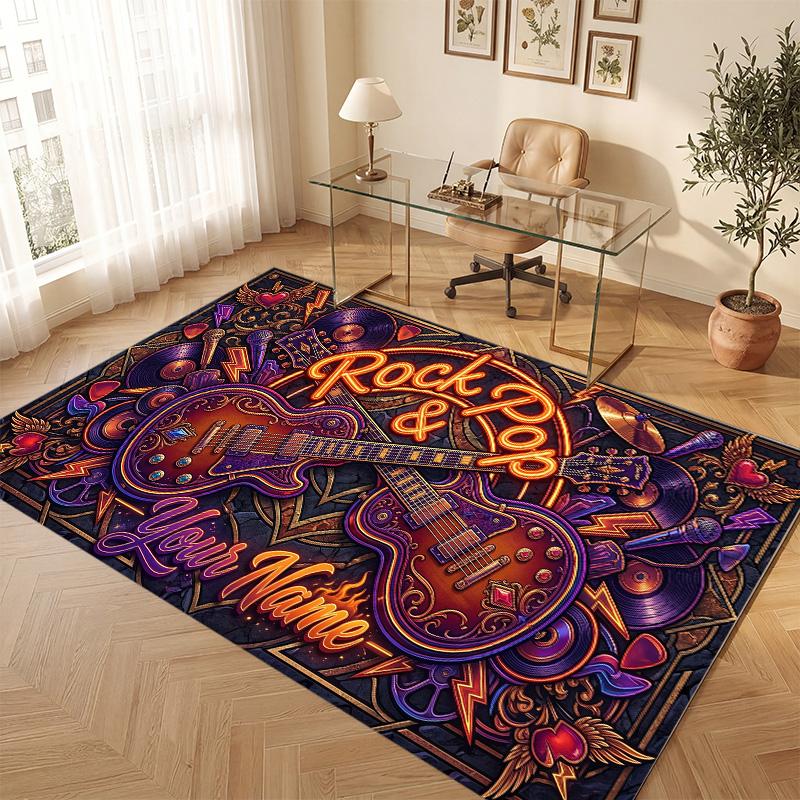 Music Theme Soft Crystal Velvet Rug Custom Name & Text Print Non Slip Floor Rug for Bedroom Living Room