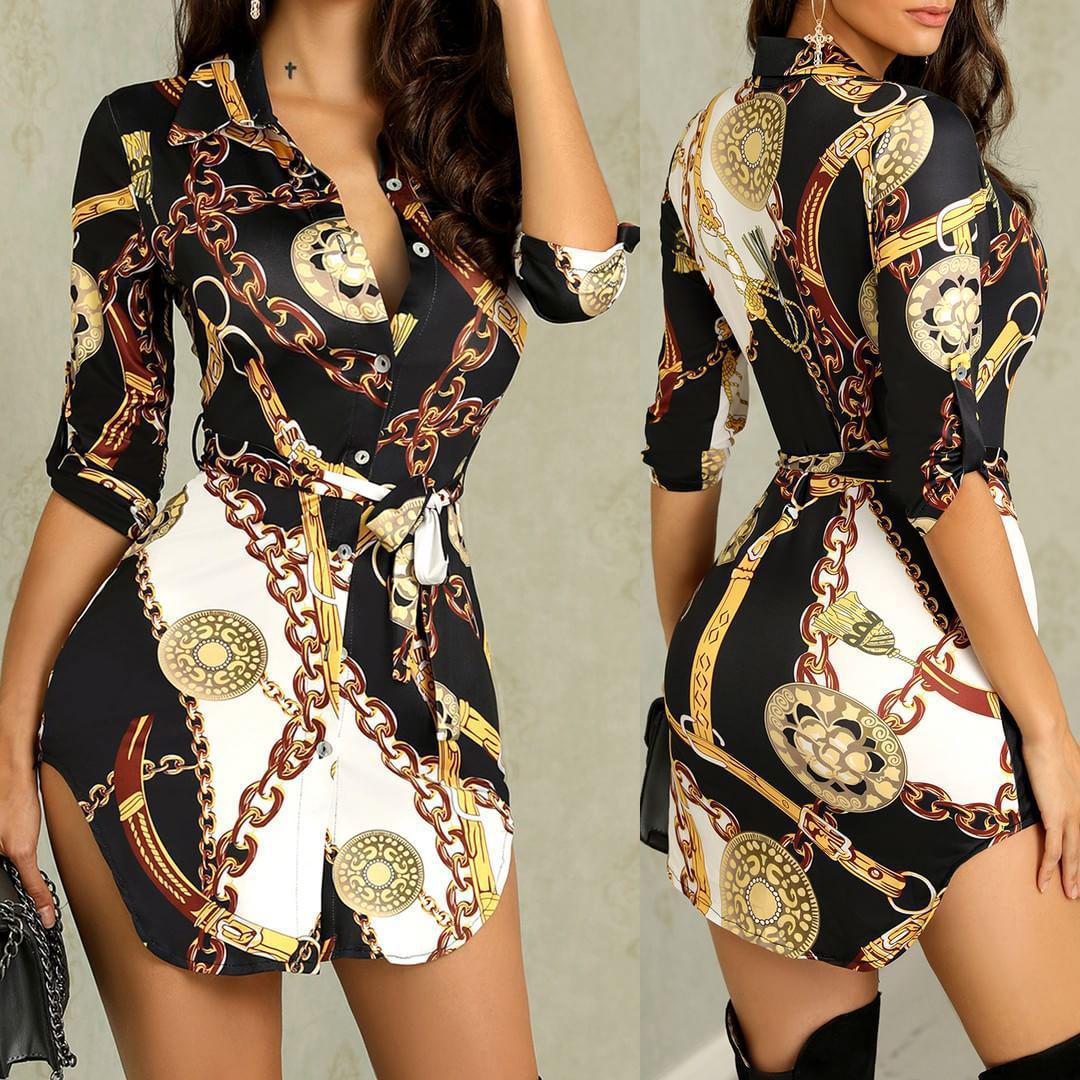 

European and American Gold Chain Print Butterfly Dress - New Autumn/Winter Fashion, Sexy Mid-Length Design Small зелений