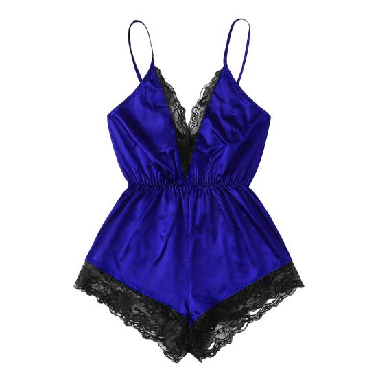 Women Sexy Pajamas V-neck Sling Sleeveless Bodysuit Faux Satin Lace Stitching Romper Sleepwear Wide Leg Backless Nightwear