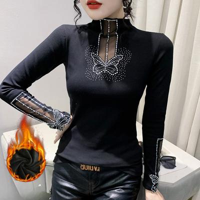 Winter Black Velvet Warm T-shirt Bottoming Shirt Women's Hot Diamond Slim and Thin Long-sleeved Top