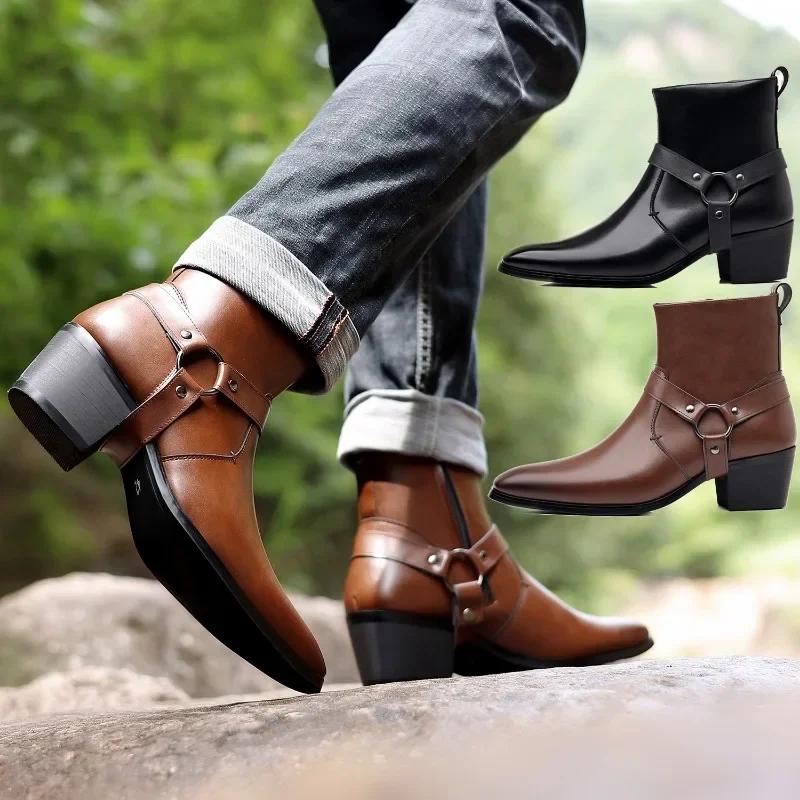Man Chelsea Ankle Boots Casual Leather Shoes Western Cowboy Boots Black Brown Zip Wedding Office Dress Shoes Men Motorcycle Boot