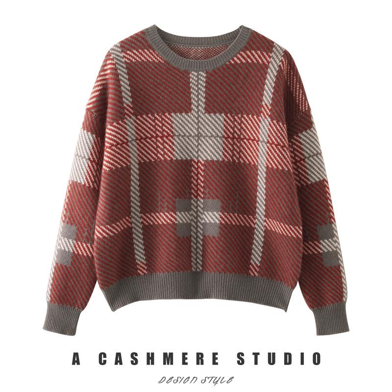 

Женский кашемировый свитер с клетчатым узором и круглым вырезом - Плотный, Свободный, Стильный, Стройнящий One Size