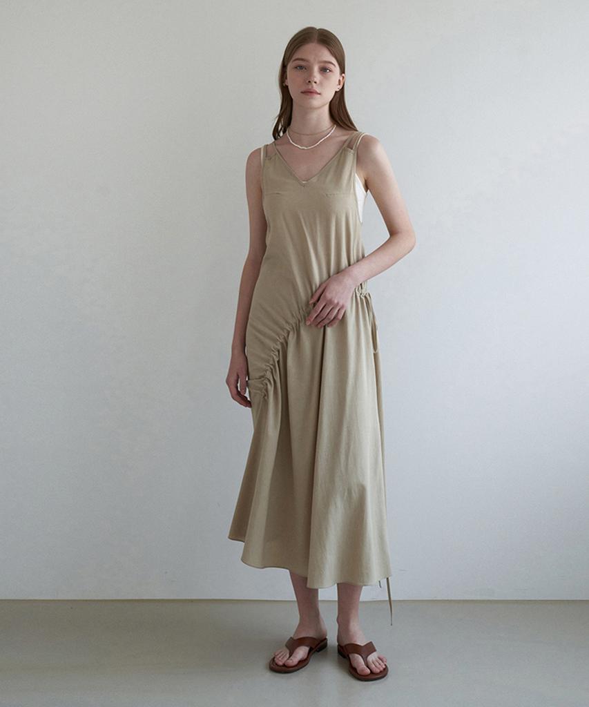 Adowl Shirred V-Neck Sleeveless Dress - Beige