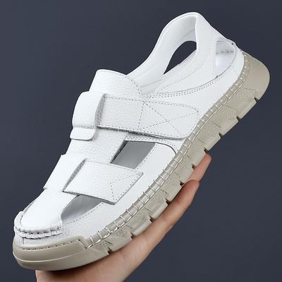 2025 Summer New Designer Leather Sandals for Men Hallow Breathable Casual Shoes Male Solid Color Driving Shoes Man