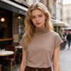 T-shirt da Donna Collo Alto Maniche a Pipistrello Corte con Arricciatura Laterale Pullover Colore Puro Ampio