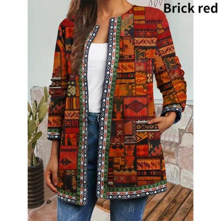 Vintage Floral Print Ethnic Style Jacket Plus Size Tribal Pattern Cardigan Ribbon Webbing Outwear Women Fashion