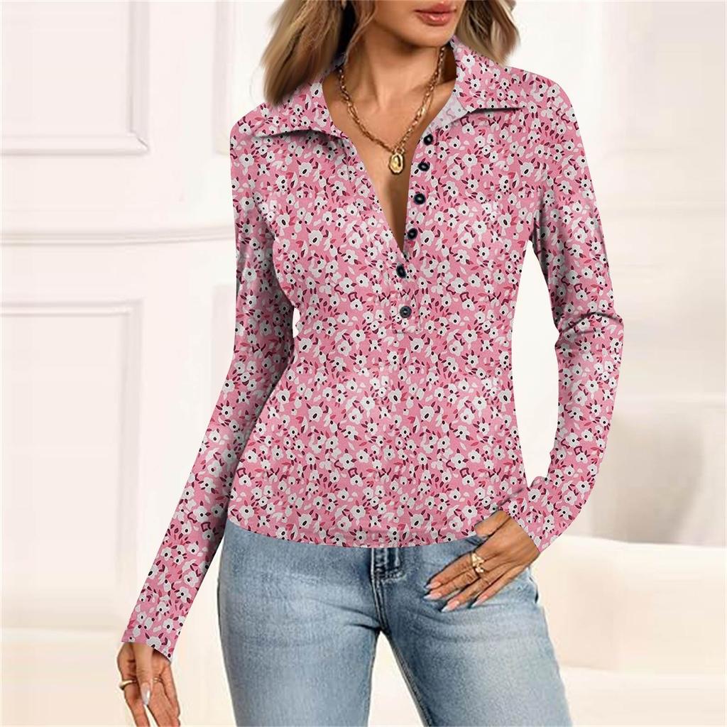 Women's Fashion Casual Printed V-Neck Long Sleeve Button-Down Top