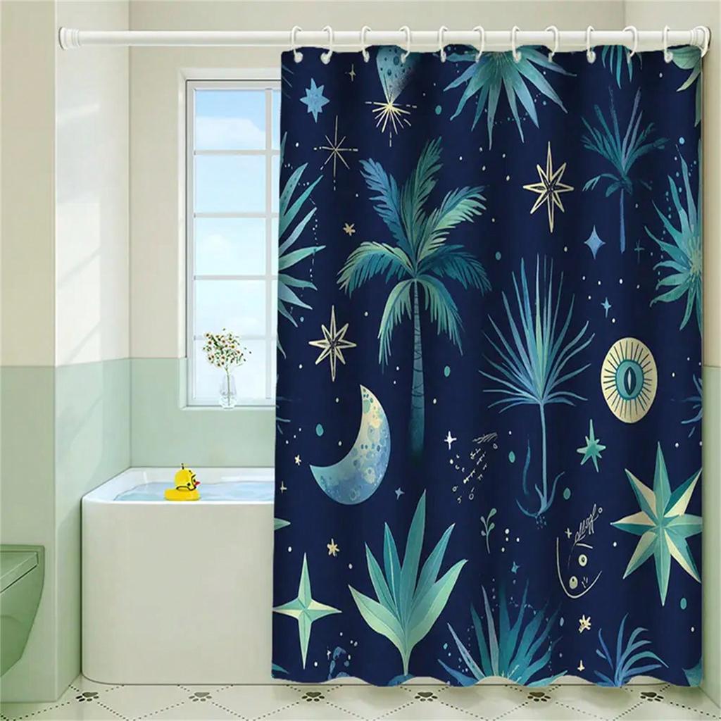 Starry Night Palm Shower Curtain: Embrace The Cosmic Design, Soft Fabric, And Tropical Vibes For Your Dreamy Bathroom