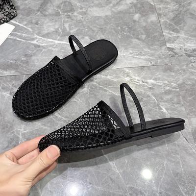 Ballerinas mit rundem Kopf und Nischen-Fischnetz-Hohlmuster für Damen, modische Sandalen mit flacher Sohle und Gürtelschnalle