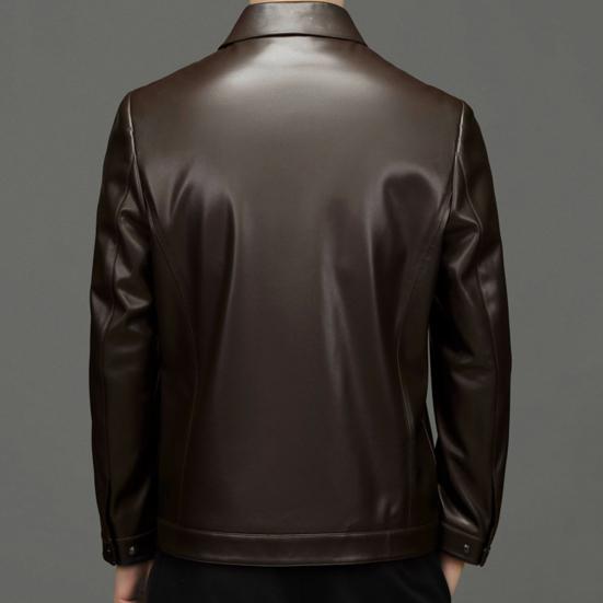 Men Jacket Lapel Long Sleeve Zipper Placket Regular Fit Coat Solid Color Short Style Faux Leather Jacket Casual Street Outwear