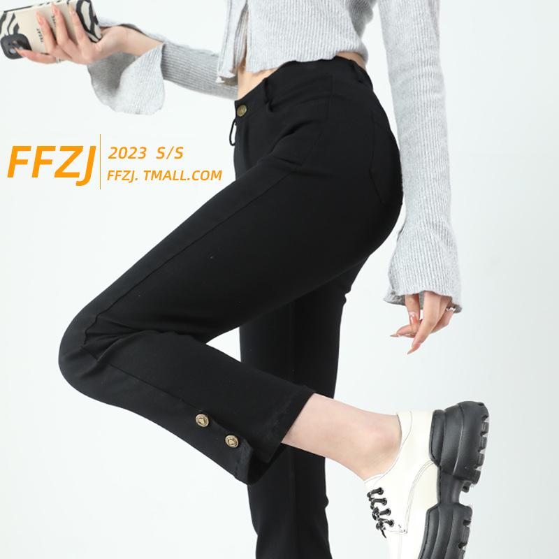 Women s High-Waisted Black Cigarette Pants - Spring/Autumn 2024 Collection, Elastic Straight-Leg Jeans S