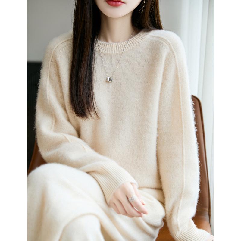 Women's Seven-Needle Thickened 100% Pure Wool Sweater - Autumn/Winter, Warm, Round Neck, Loose Fit, Knit Base Layer