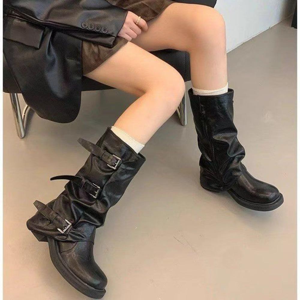 Designer Autumn Winter Vintage Woman Knight Knee High Boots Shoes Ladies Elegant Thick Low Heel Belt Buckle Western Cowboy Botas