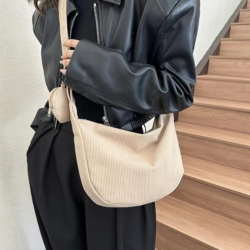 Large Capacity Corduroy Chic Crossbody Bag for Women - Adjustable Strap, Solid Color, Casual Dumpling Design with Zip Closure