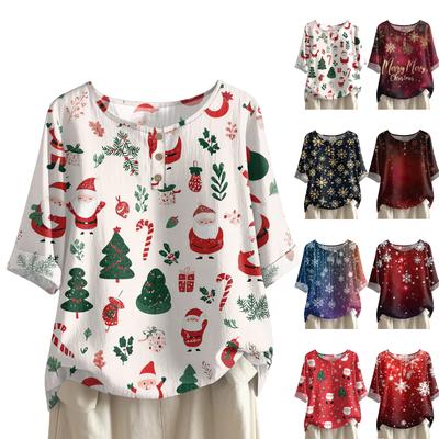 Modisches und lässiges Damenhemd mit halbem Ärmel, Rundhalsausschnitt, Weihnachtsdruck, Baumwoll-Leinen-Bluse Top