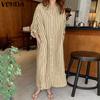 VONDA Women Turn Down Collar Casual Long Sleeve Striped Baggy Maxi Long Dress