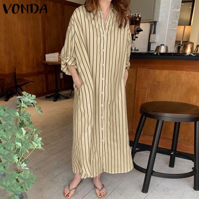 VONDA Women Turn Down Collar Casual Long Sleeve Striped Baggy Maxi Long Dress