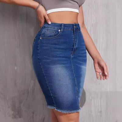 Women Summer Denim Skirts Ladies High Waist Stretch Slim Bodycon Skirts Jeans Knee Length Skirt