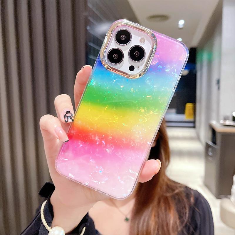 Luxury Rainbow Shell Glitter Phone Case For iPhone 11 12 13 14 15 Pro Max XS X XR 7 8 Plus SE Leopard Print Shockproof Cover