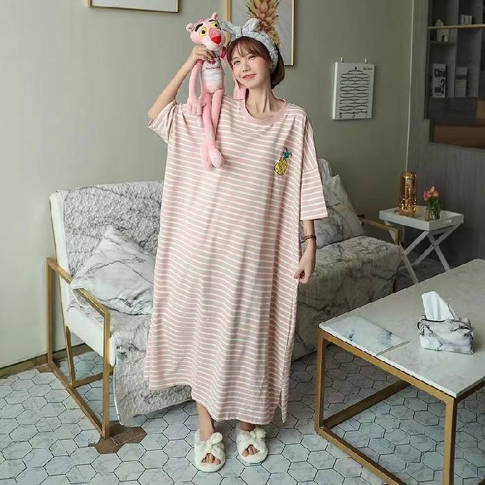 Sommer Pyjamakleid Damen Kurzarm Cartoon Homewear Verlängert Übergröße Gestreift Studentenpyjama Leicht zu Waschen Lange Kleidung