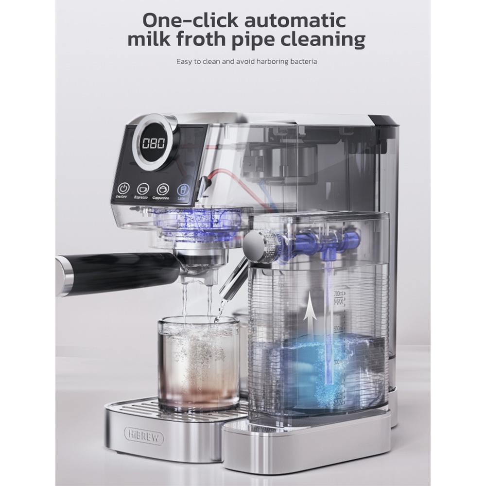 Máquina de Espresso Semi-Automática HiBREW H13A 20Bar de Alta Pressão com Duplo Caldeira, Tanque de Leite Removível, Sistema de Espuma de Leite Automático One-Touch.