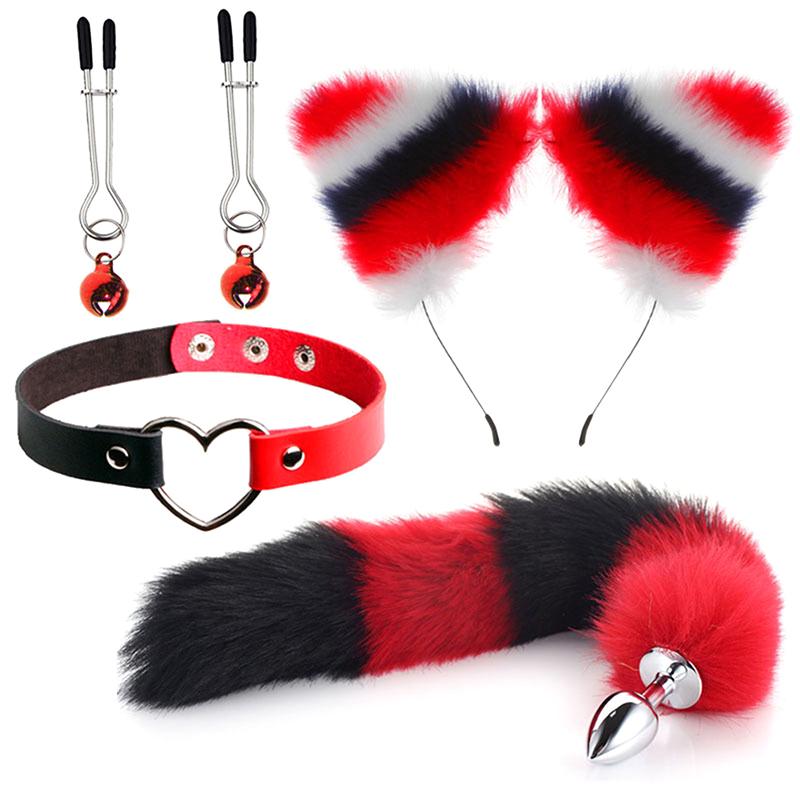 4Pcs Set Cute Fox Butt Tail Collar Anal Plug Nipple Clamp Soft Cat Ears Headbands Cosplay Adult Sex Toys Accessories