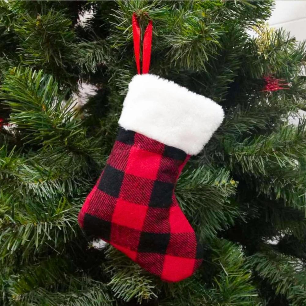 Christmas stocking with a checkered pattern for the fireplace, gifts, pendant, decoration, Christmas tree
