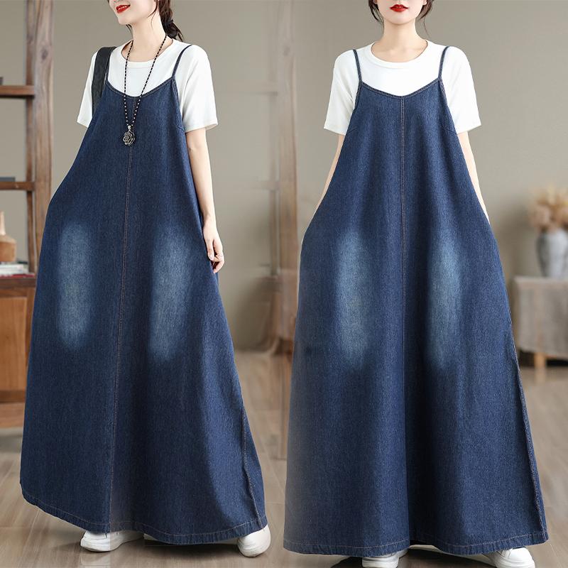 

DIMANAF Женское джинсовое платье большого размера без рукавов из хлопка винтажное свободное повседневное базовое платье макси длинное платье L