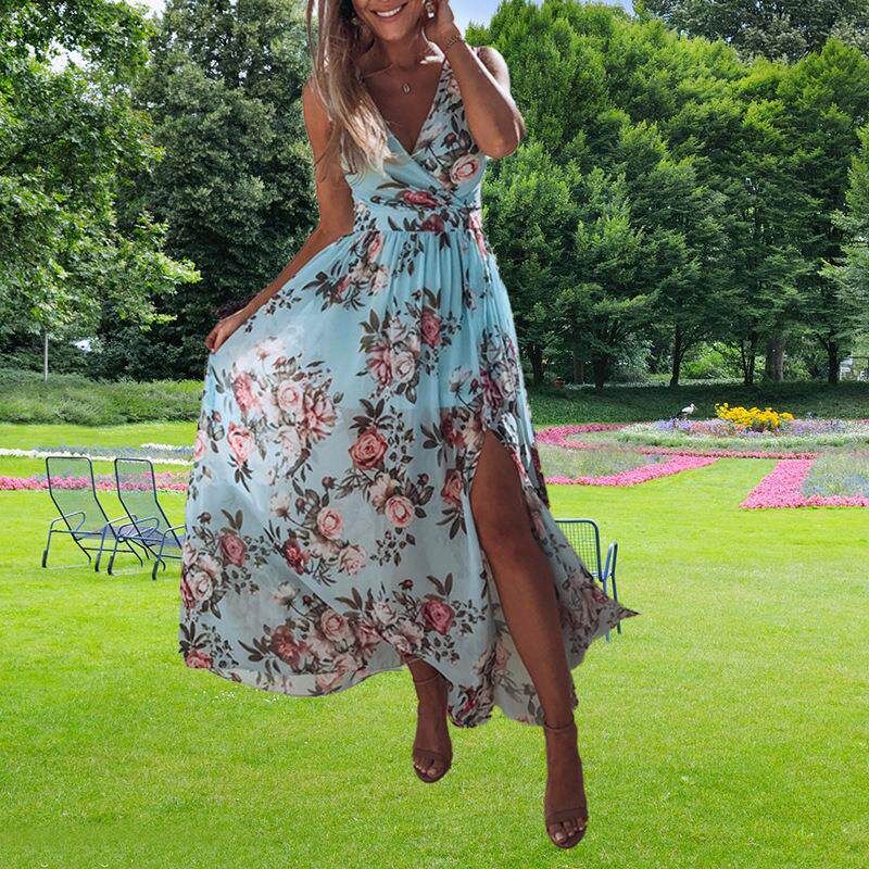 Amazon Foreign Trade European and American Women's Clothing 2024 Spring and Summer Fashion V-Neck Sleeveless Printed Dress with Tie and Slit
