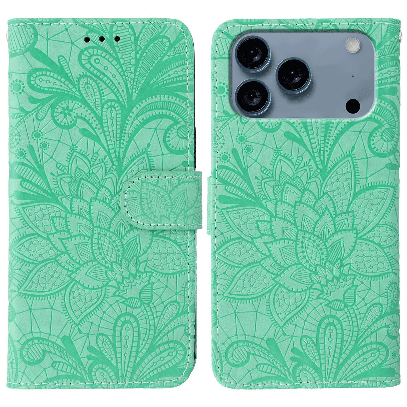 

For iPhone 17 Pro Case Lace Flowers PU Leather Flip Wallet Phone Cover Green