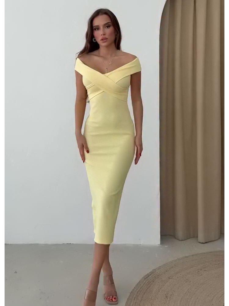 

2025 Summer One-Shoulder Solid Color Waist-Slimming Dress for Women Extra Large жёлтый