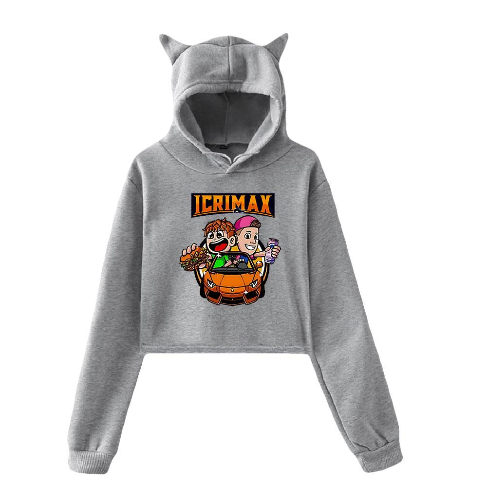 Korean Fashion Icrimax Print Kawaii Crop Top Hoodie Funny Cat Ear Cropped Short Sweatshirt Hooded Pullover Women Tops Streetwear