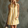 Vintage Striped Mini Dress, Round Neck Sleeveless Women Dress