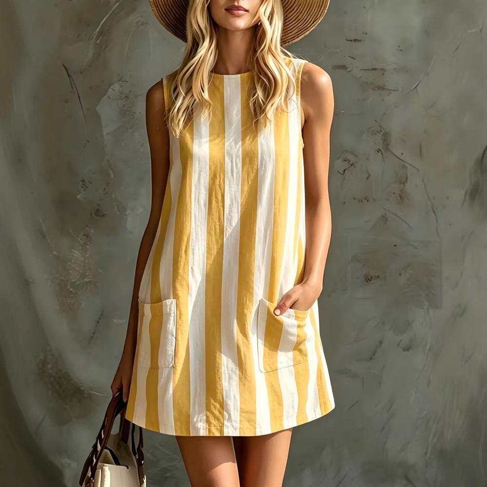 Vintage Striped Mini Dress, Round Neck Sleeveless Women Dress
