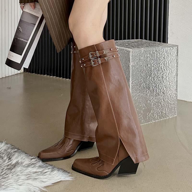 Design American Spice Girl Vintage Riveted Knight Boots Skinny Boots Pile Boots Long Boots Small Women's Boots Pants Boots