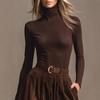 2025 Women's Retro Corduroy High Waist Flare Skirt & Solid Base Layer Top - Spring/Autumn