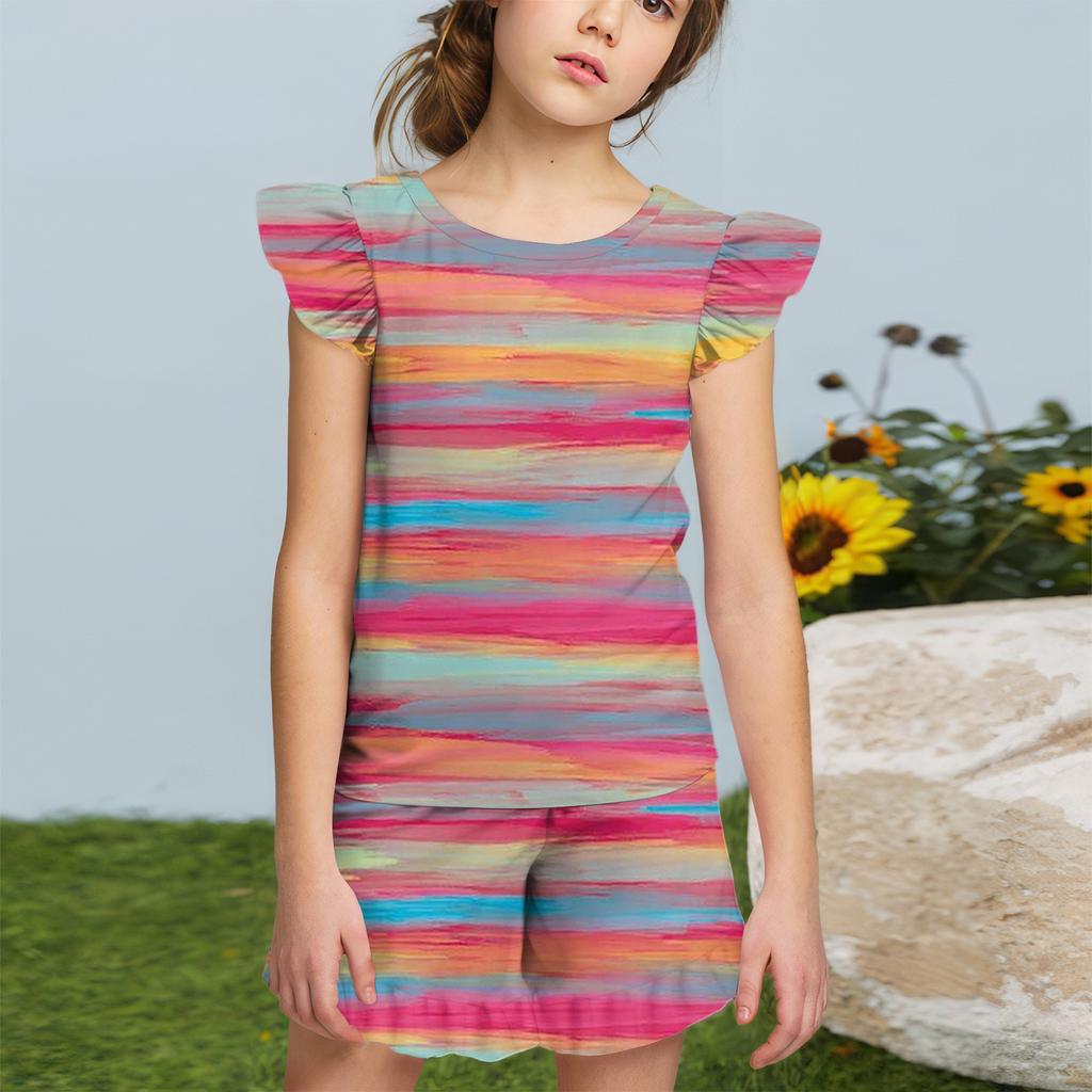Summer Girls Cute Suit Flying Sleeves T-shirt Top + Ruffled Shorts Daily Outdoor Wear Cute Casual Fashion 2-Piece Set