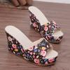 Fashion Floral Print Wedge Slippers Women Slip On Chunky Platform Sandals Woman Summer 2025 Thick Bottom Non Slip Outdoor Slides