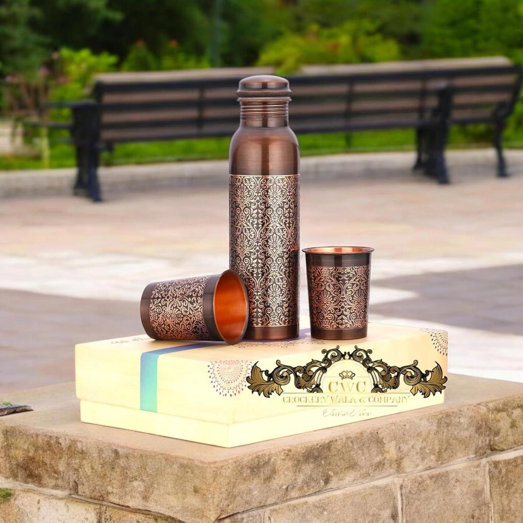 Pure Copper Bottle with 2 Glass Gift Set (Antique Itching Regular) 1 Litres
