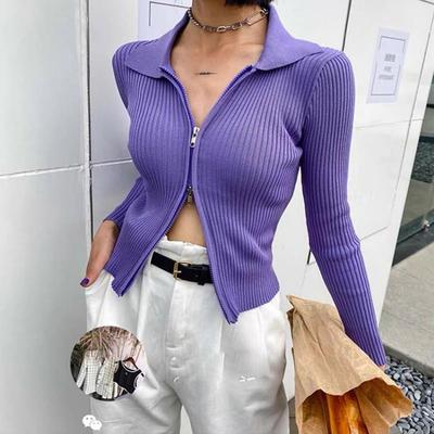 Sexy Autumn Winter Knit Cardigan Sweater Long Sleeve Short Jacket Skinny Navel Lapel Double Zipper Pit Strip Solid Color Top